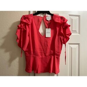JOA Just One Answer Ruffle Sleeve Peplum Top V Neck Coral Blouse‎